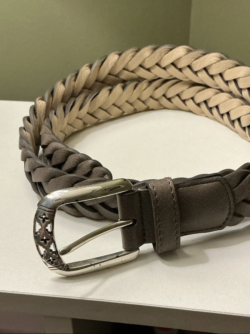 Brighton Braided Leather Belt in Gray with Cream Backing & Silver Buckle Sz M